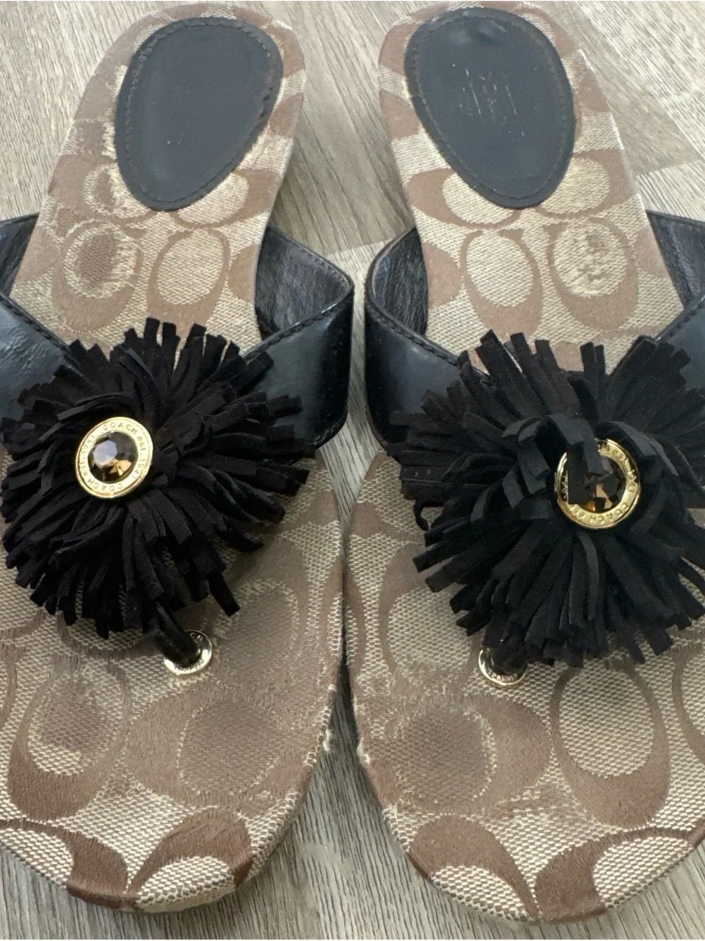 Coach Tan Signature Monogram Slide Sandals with Black Flower Charm